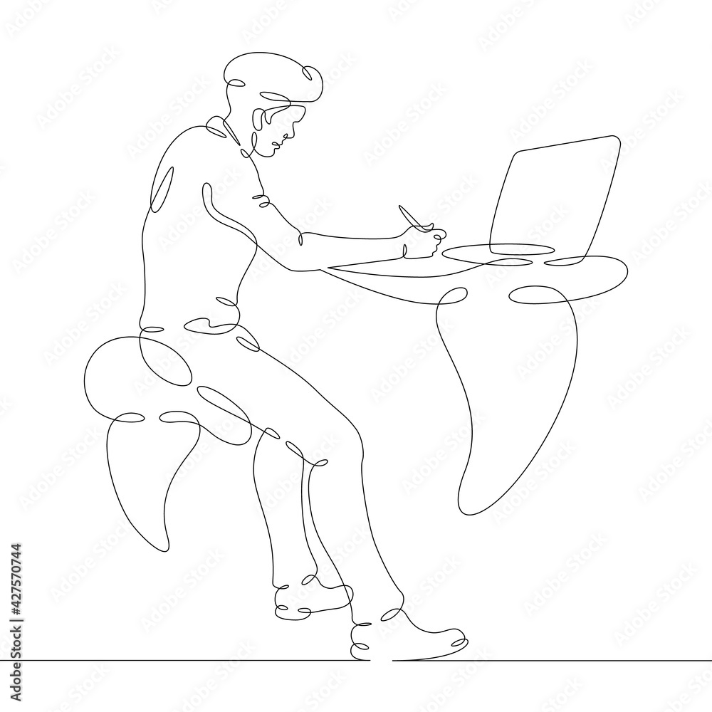 Male character at the work table in the office. Workplace laptop designer programmer manager. One continuous drawing line  logo single hand drawn art doodle isolated minimal illustration.