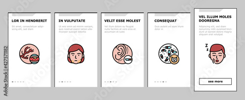Disease Human Problem Onboarding Mobile App Page Screen Vector. Epithelial Tissue And Toxoplasmosis, Ear Surgery And Cellulite, Skin Itch And Lymphoma Disease Illustrations