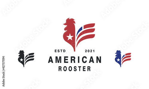 American Rooster Logo Design Inspiration - Isolated vector Illustration on white background - Creative retro or vintage logo, icon, symbol, sticker, emblem, badge - Rooster and Flag combination