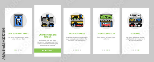 Underground Parking Onboarding Mobile App Page Screen Vector. Underground Multilevel Parking Building, Barrier And Automatical Gate, Elevator Lifting Transport Illustrations