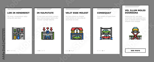 Underground Parking Onboarding Mobile App Page Screen Vector. Underground Multilevel Parking Building, Barrier And Automatical Gate, Elevator Lifting Transport Illustrations