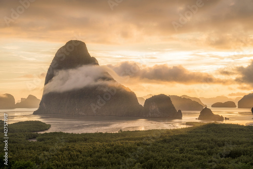 Samed nang chee, famous destination in Phang nga, Beautiful unseen paradise scene of seascape at Andaman sea in Southern Thailand. The landscape view with morning sunlight, the nature bay near Phuket.