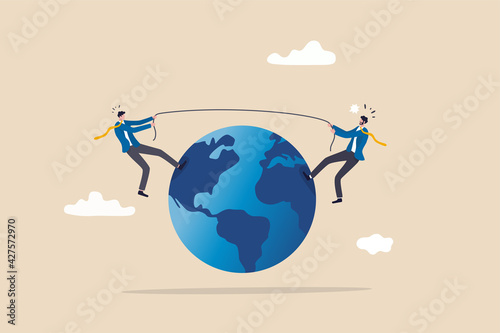 Geopolitics, compete to be world leader, power to gain advantage from world economics or international trade and commercial concept, businessmen countries pulling tug of war on world planet earth. photo