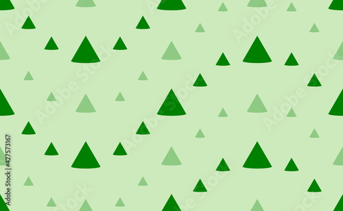 Seamless pattern of large and small green cone symbols. The elements are arranged in a wavy. Vector illustration on light green background