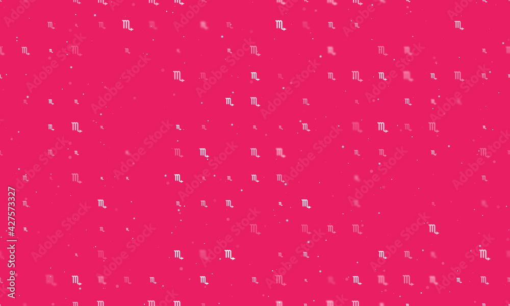 Seamless background pattern of evenly spaced white zodiac scorpio symbols of different sizes and opacity. Vector illustration on pink background with stars