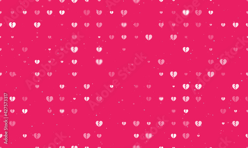 Seamless background pattern of evenly spaced white broken heart symbols of different sizes and opacity. Vector illustration on pink background with stars