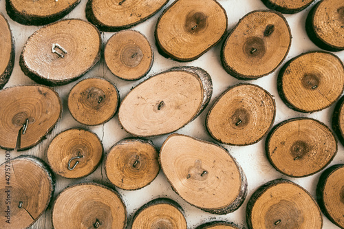 Cross section of tree trunks background. Wood texture  round wooden tree trunks. Decoration of cutting tree for interior decorate or as background.