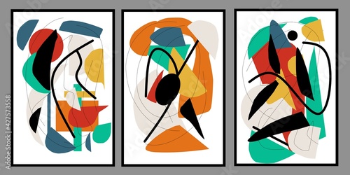 Set three pieces of colorful abstract Geometric mid century modern wall art. Minimalist Geometry wall decor. Artistic wall Decorations.