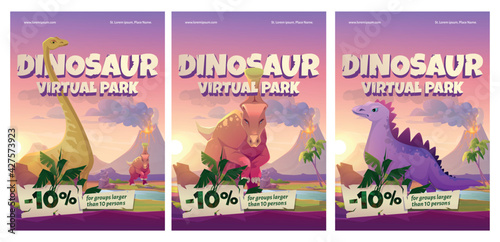 Dinosaur virtual park cartoon posters, historical online museum visit promo with discount for large groups. Educational prehistory portal, paleontology studying, exhibition service, vector flyers set