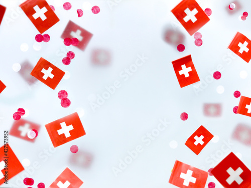 Switzerland, August 1, day foundation confederation. National holiday. concept of memory, patriotism and freedom. Flags on a foggy background.