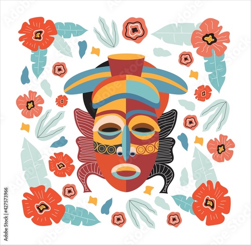African ritual mask in flowers. Flat style illustration