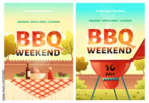 BBQ weekend cartoon posters or invitation for outdoor backyard party with cooking grill and food on table. Barbecue picnic on summer lawn in park or garden with free beer and live music, Vector flyers