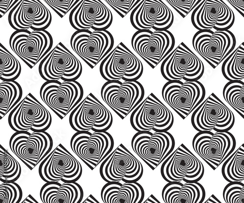 Dynamic circular seamless pattern with hearts. Psychedelic Abstract background. Optical Illusion of movement. Use for cards, wallpapers, pattern fills, web pages elements and etc.