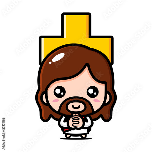 Vector design of cute cartoon Jesus praying with a cross sign on the back