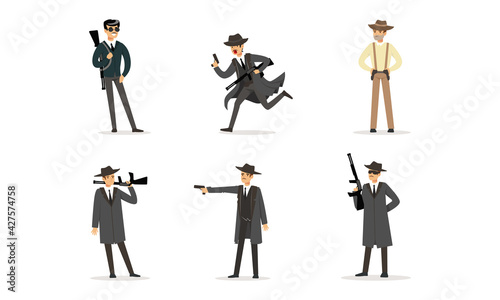 Gangsters Set, American Mafia Criminal Characters in Raincoat Fedora Hat with Gun Cartoon Vector Illustration