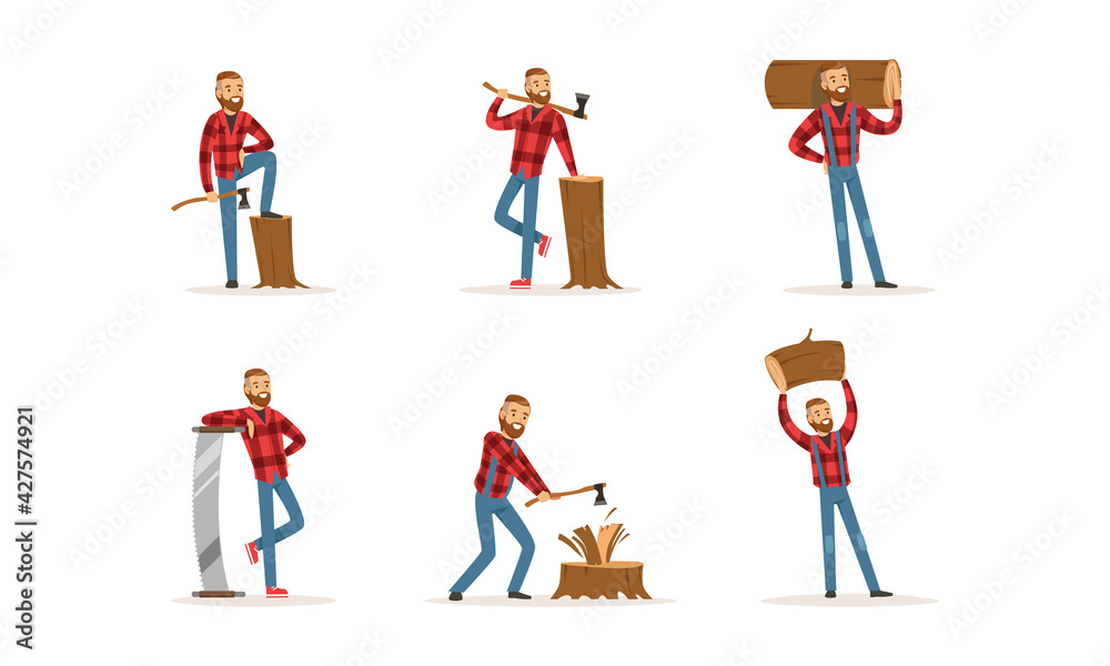 Naklejka premium Cheerful Bearded Lumberjack in Action Set, Woodcutter Cartoon Character Wearing Plaid Shirt with Working Tools Cartoon Vector Illustration