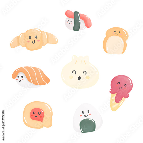 Watercolor cartoon food and dessert set. Digital paint. Vector illustration.