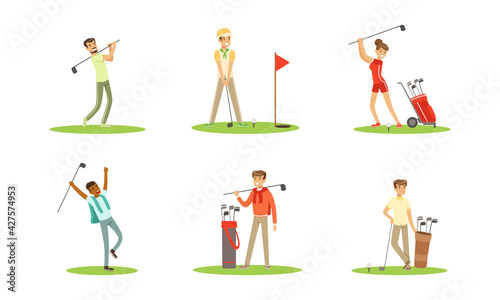 Golf Players Set, Cheerful People Training with Golf Clubs, Sports Activity, Hobby Cartoon Vector Illustration