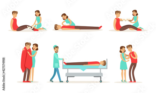 Set of Emergency First Aid Resuscitation Procedures, Young Woman Providing First Aid Treatment to Man, Paramedic Hospitalizing Patient Cartoon Vector Illustration