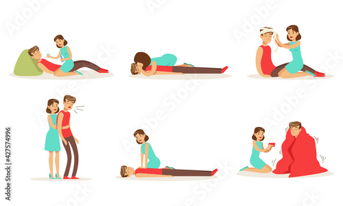 First Aid Resuscitation Procedures Set, Young Woman Providing First Aid Treatment to Person Cartoon Vector Illustration