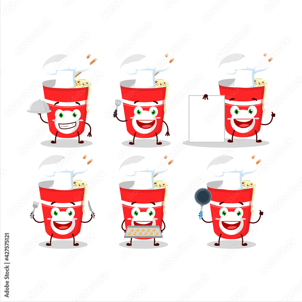 Cartoon character of cup noodles with various chef emoticons Cartoon character of cup noodles with various chef emoticons