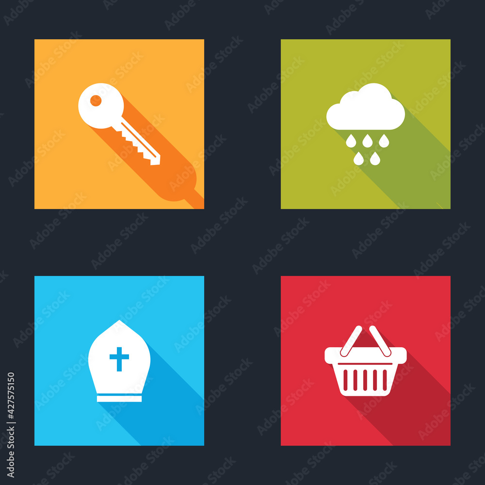 Set Key, Cloud with rain, Pope hat and Shopping basket icon. Vector