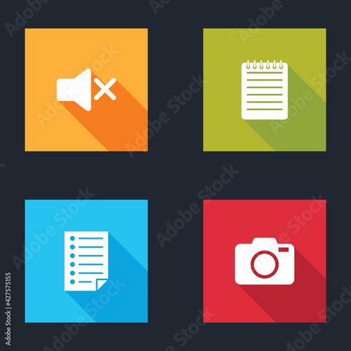 Set Speaker mute, Notebook, Document and Photo camera icon. Vector