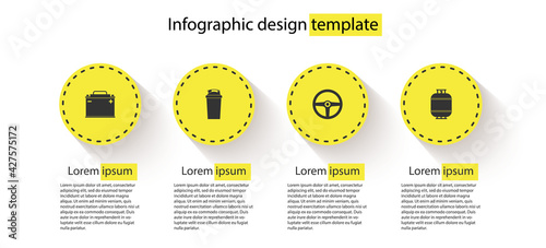 Set Car battery, Fitness shaker, Steering wheel and Propane gas tank. Business infographic template. Vector