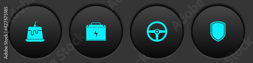 Set Pudding custard, Car battery, Steering wheel and Shield icon. Vector
