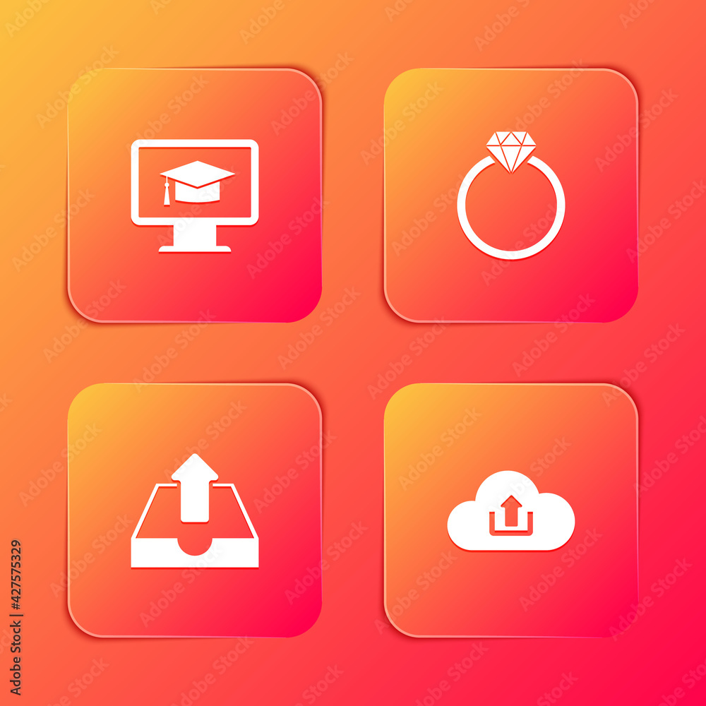 Set Monitor with graduation cap, Diamond engagement ring, Upload inbox and Cloud upload icon. Vector Set Monitor with graduation cap, Diamond engagement ring, Upload inbox and Cloud upload icon. Vector