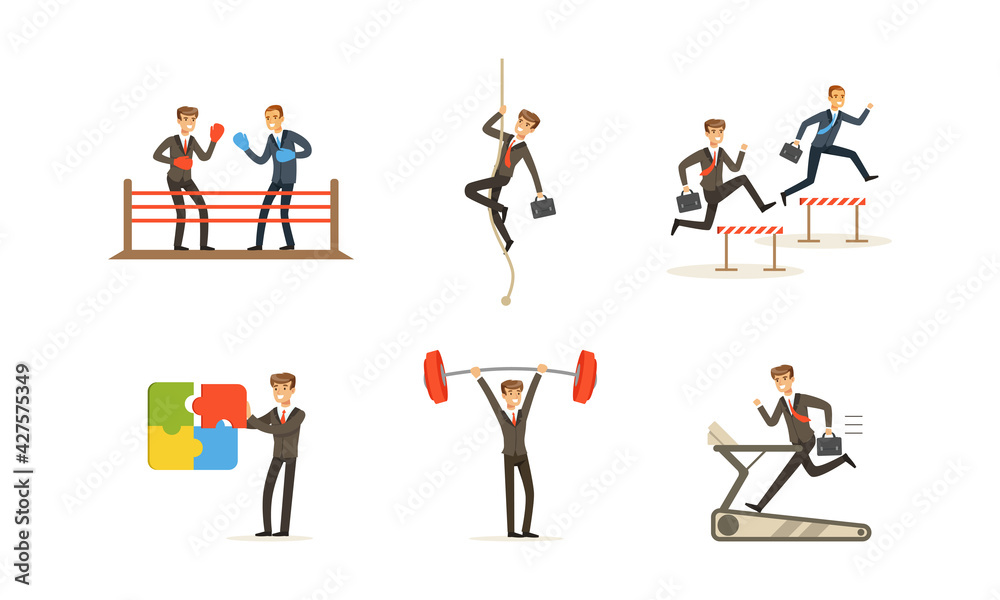 Competition of Business People Set, Office Employees Competing Among Themselves, Overcoming Obstacles, Achieving Goal, Celebrating Financial Success Cartoon Vector Illustration