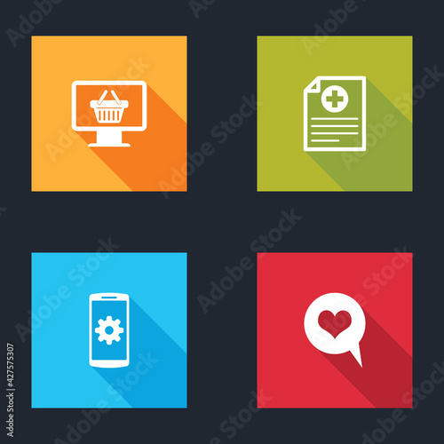Set Monitor with shopping basket, Clinical record, Setting smartphone and Heart speech bubble icon. Vector