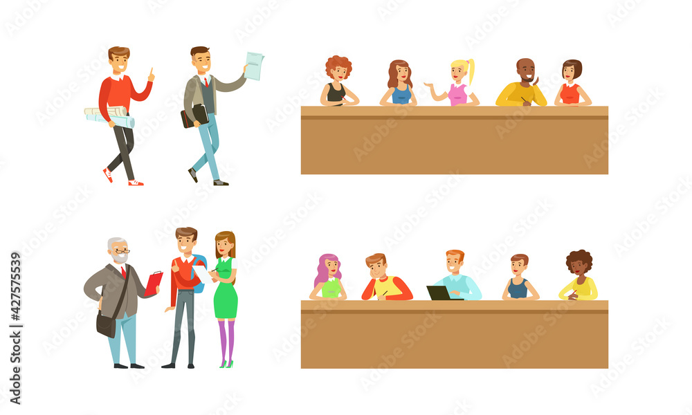 Students Studying at University Set, College and University Education, Students and Professors in Lecture Hall Cartoon Vector Illustration