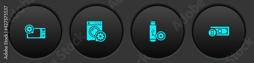 Set Microwave oven setting, Washer, USB flash drive and Fast payments icon. Vector