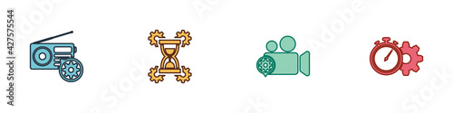 Set Radio setting, Hourglass, Video camera and Time management icon. Vector