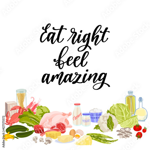 Healthy nutrition inspirational quote. Hand drawn healthy food and motivational phrase.