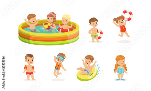 Cute Cheerful Kids Having Fun in Inflatable Swimming Pool Set, Summer Outdoor Activity Concept Cartoon Vector Illustration