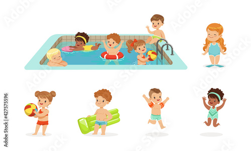 Cute Cheerful Kids Having Fun in Swimming Pool Set, Summer Outdoor Activity Concept Cartoon Vector Illustration
