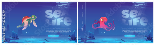 Sea life landing page, scuba diving banner. Funny octopus and turtle characters under water in ocean. Vector cartoon illustration of undersea landscape with wild marine animals