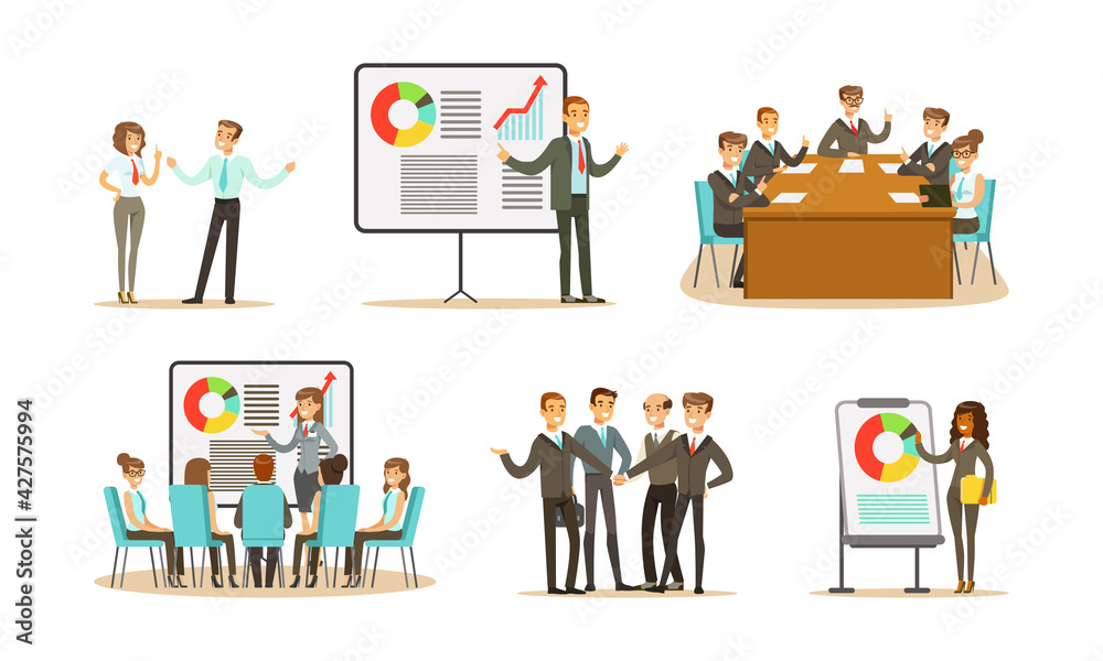 Business Workflow Scenes Set, Office People Taking Part in Business Meeting, Training of Office Staff Vector Illustration
