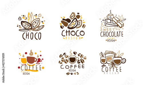 Sweet Chocolate Logo Original Design Set, Coffee Hand Drawn Labels Vector Illustration