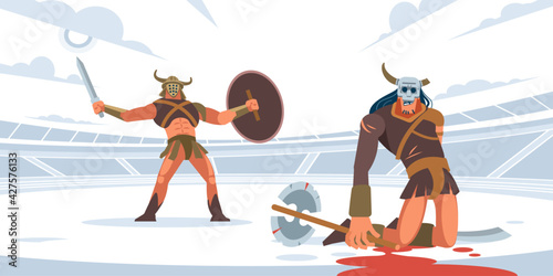 Gladiator defeated the legendary giant fighter. Vector isolated illustration. Flat cartoon style