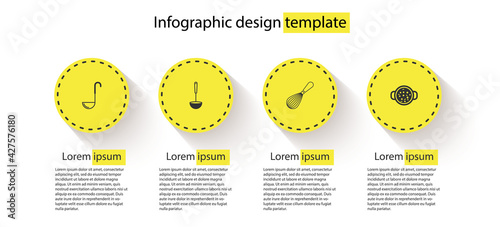 Set Kitchen ladle, , whisk and Cooking soup in pot. Business infographic template. Vector