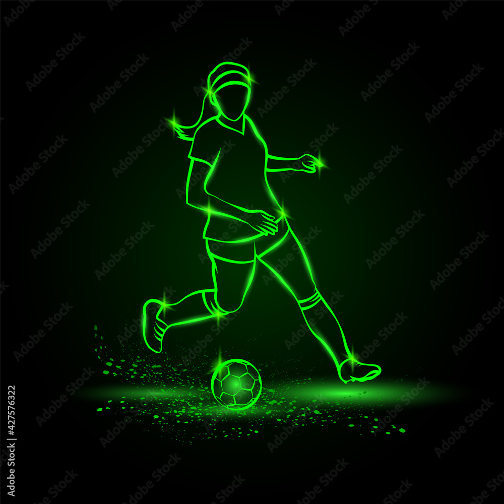 Women soccer player running with ball. Vector Football sport green neon illustration