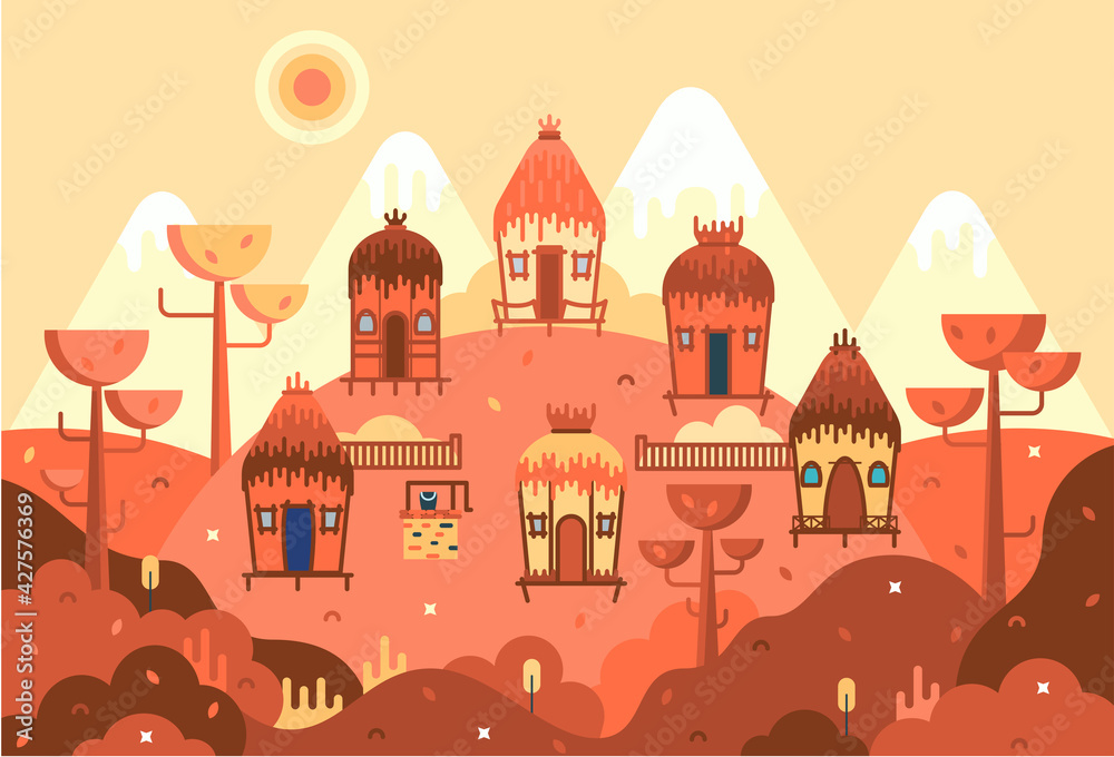 Traditional african mud house grass, well, hill, tree. Flat cartoon panorama illustration in orange color