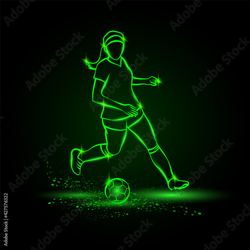 Women soccer player running with ball. Vector Football sport green neon illustration