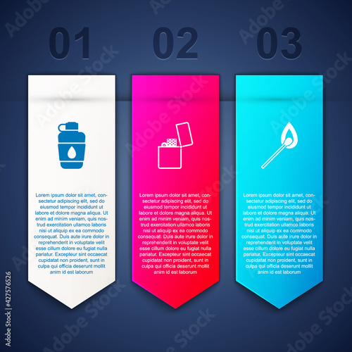 Set Canteen water bottle, Lighter and Burning match with fire. Business infographic template. Vector