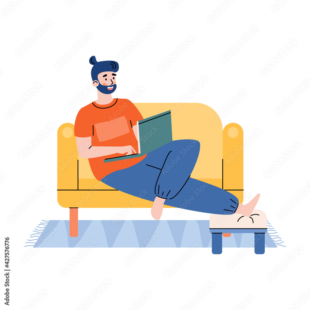 Young man freelancer working from home cartoon vector illustration isolated.