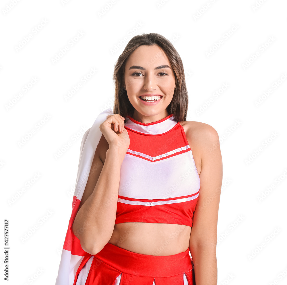 Beautiful cheerleader with the flag of England on white background Beautiful cheerleader with the flag of England on white background