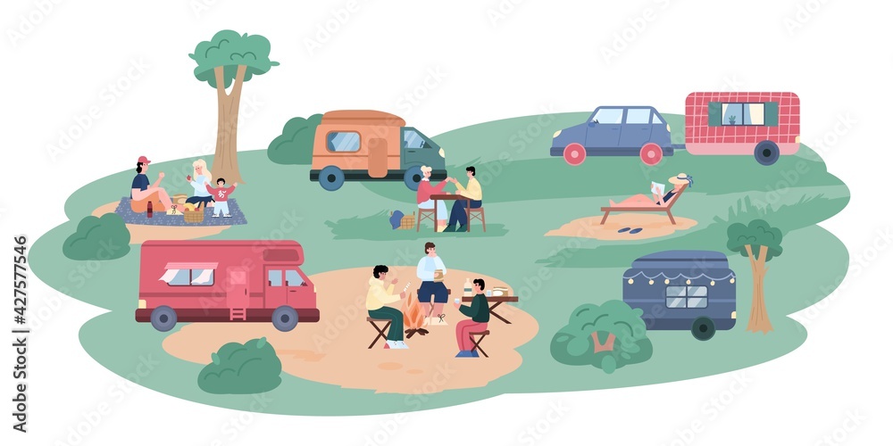Fototapeta premium Campsite with travels near trailers, cartoon vector illustration isolated.